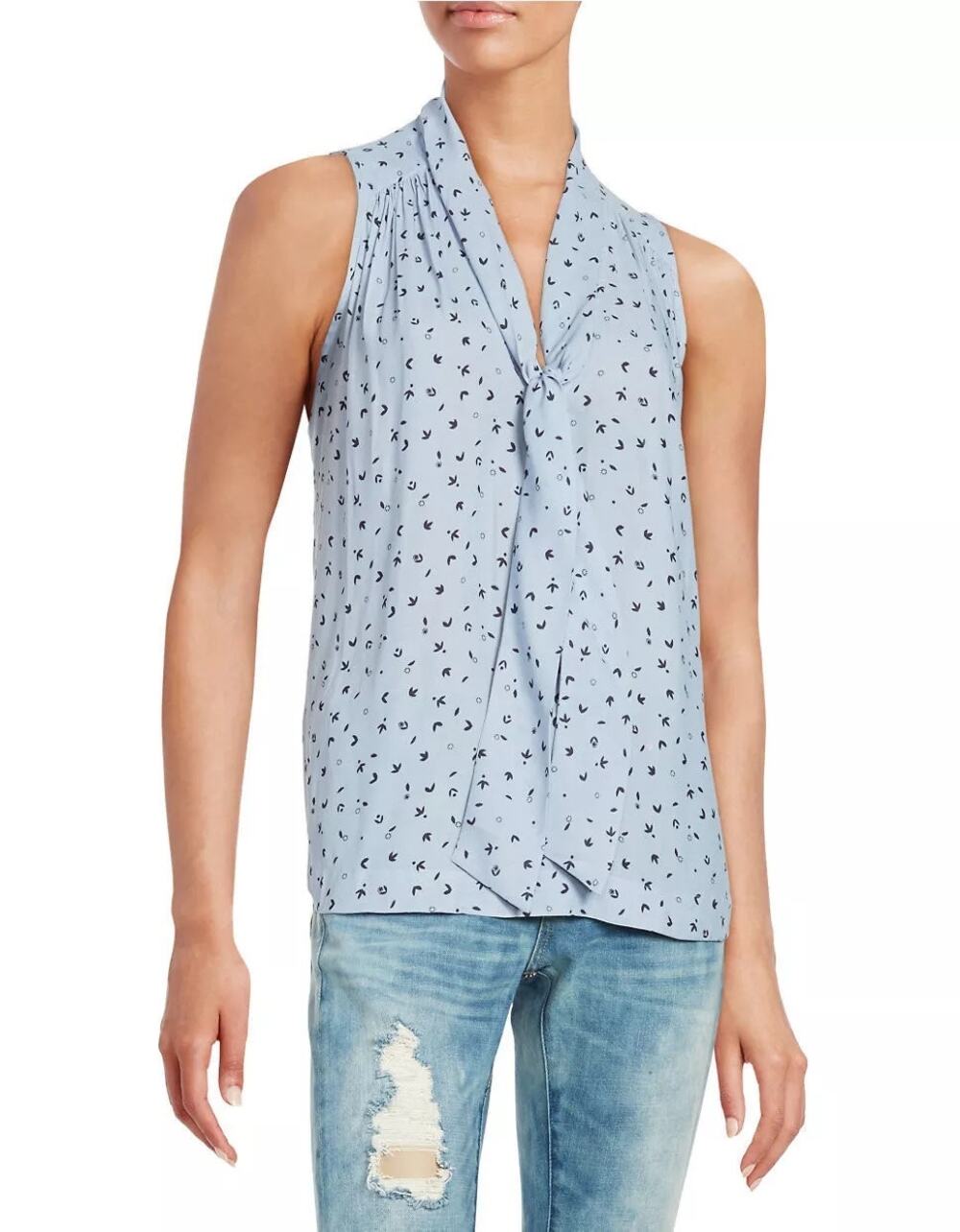 Free People Blouse Top Blue Printed V-Neck Tie Front Pleated Sleeveless Sz M